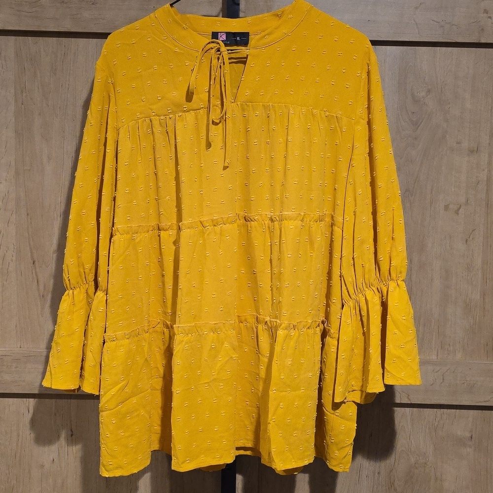 (J32) Kancy Kole Yellow Women's Blouse Ruffle Design Shirt Sx XL